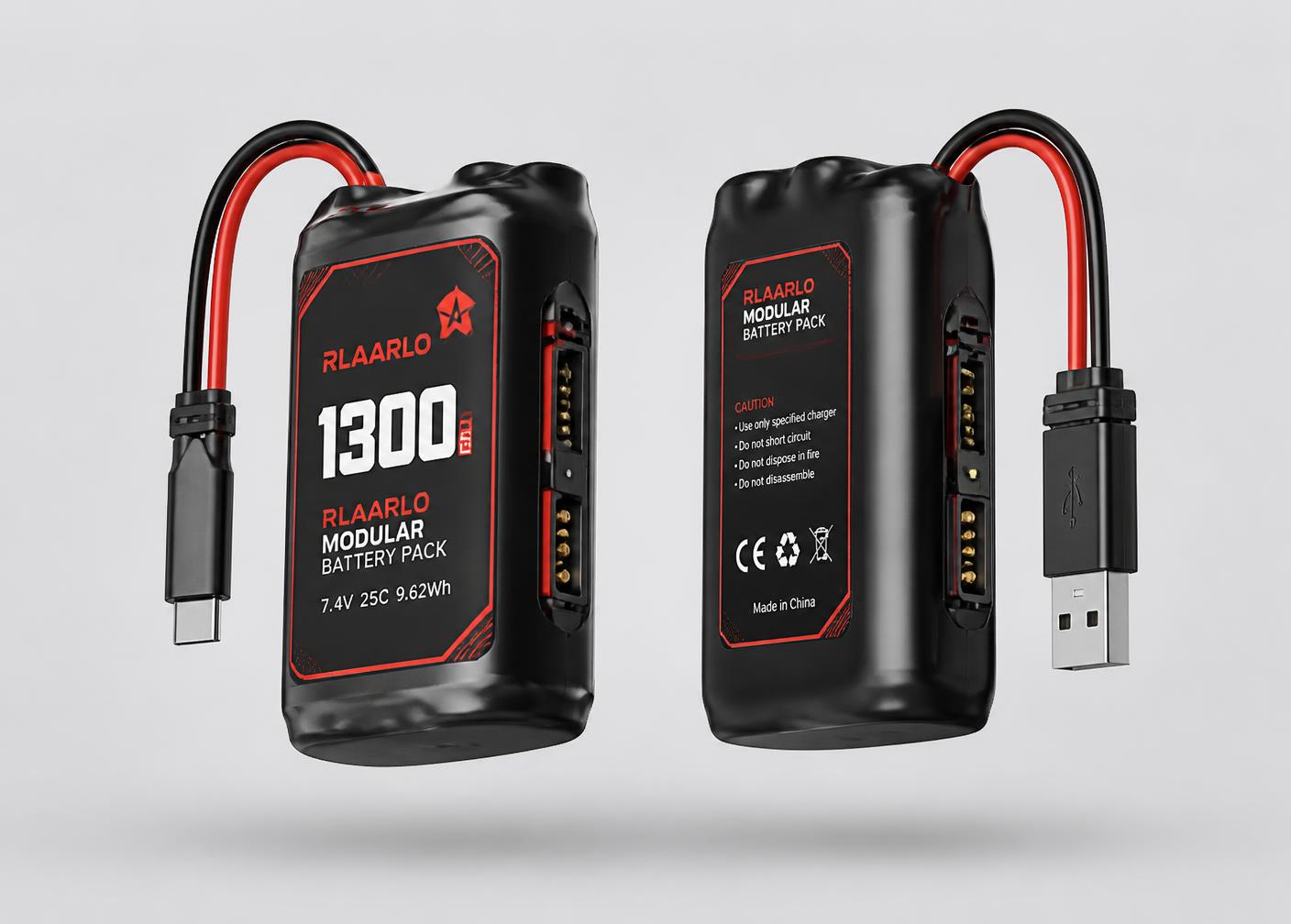 Two modular rechargeable batteries with USB charging cable