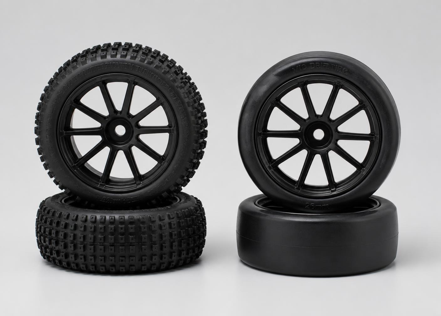 Racing tires and drift tires included in the box